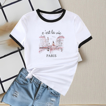 Ženski ljetni T-shirt 2025, s okruglim izrezom, kratkih rukava, kontrastne boje, uski kroj, casual top, gradski stil