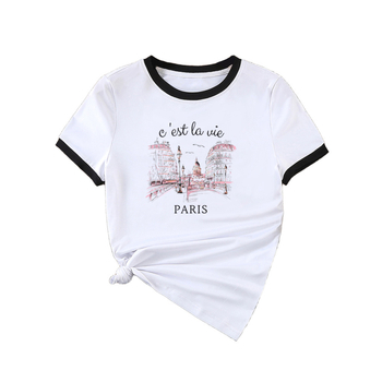 Ženski ljetni T-shirt 2025, s okruglim izrezom, kratkih rukava, kontrastne boje, uski kroj, casual top, gradski stil