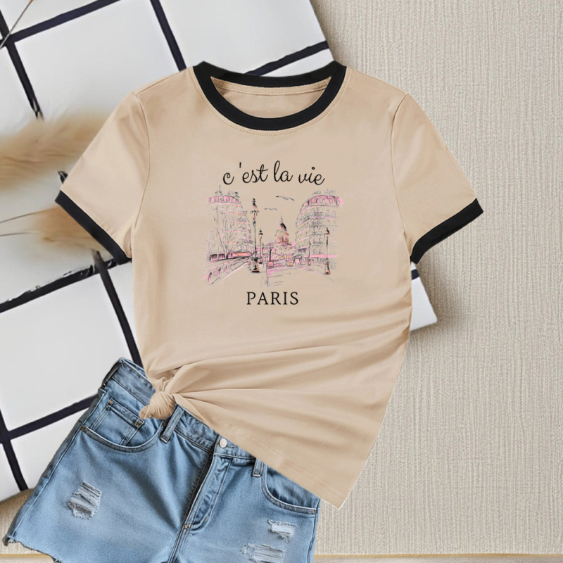 Ženski ljetni T-shirt 2025, s okruglim izrezom, kratkih rukava, kontrastne boje, uski kroj, casual top, gradski stil