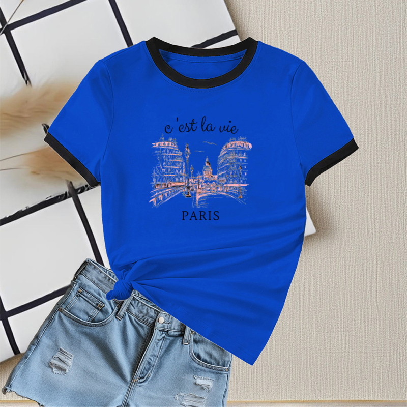 Ženski ljetni T-shirt 2025, s okruglim izrezom, kratkih rukava, kontrastne boje, uski kroj, casual top, gradski stil