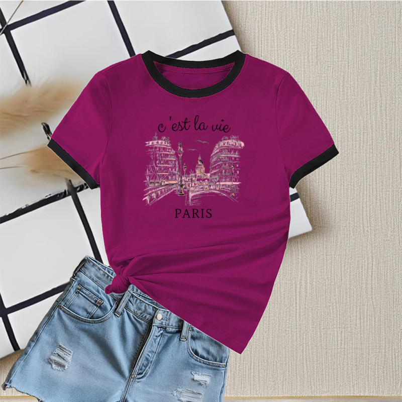 Ženski ljetni T-shirt 2025, s okruglim izrezom, kratkih rukava, kontrastne boje, uski kroj, casual top, gradski stil