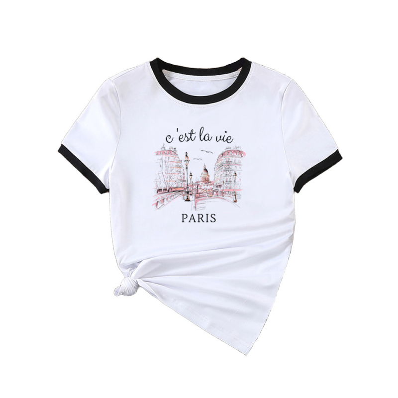 Ženski ljetni T-shirt 2025, s okruglim izrezom, kratkih rukava, kontrastne boje, uski kroj, casual top, gradski stil