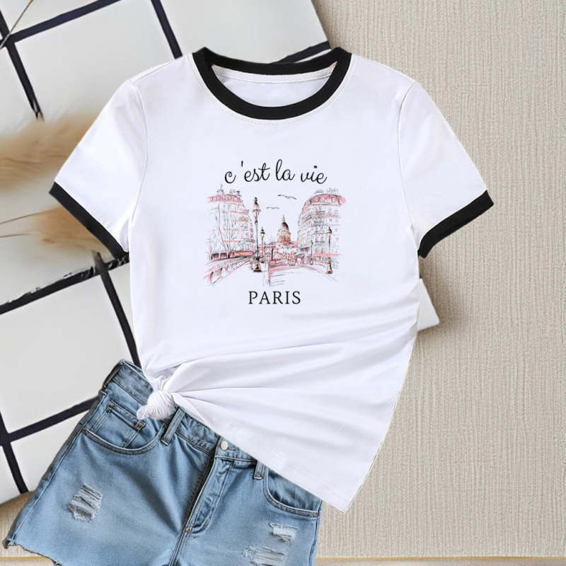 Ženski ljetni T-shirt 2025, s okruglim izrezom, kratkih rukava, kontrastne boje, uski kroj, casual top, gradski stil