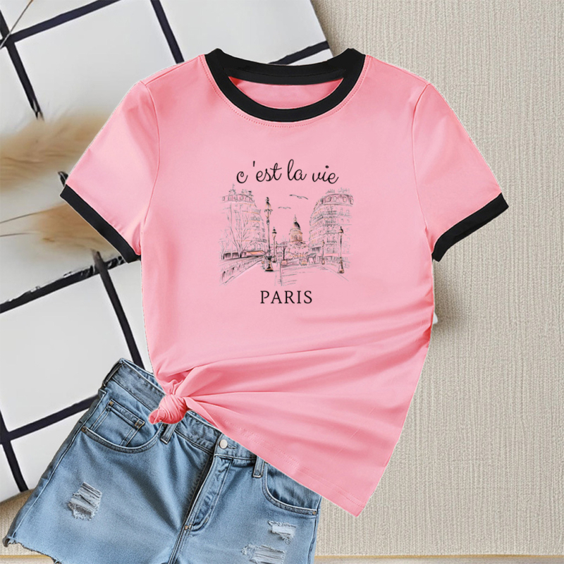 Ženski ljetni T-shirt 2025, s okruglim izrezom, kratkih rukava, kontrastne boje, uski kroj, casual top, gradski stil