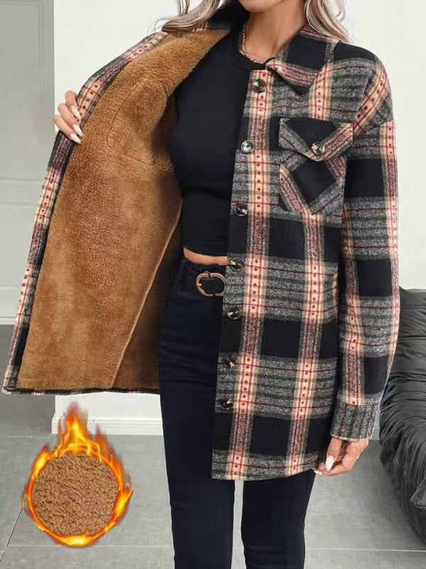 Ženska karirana pliš jakna, topla za jesen i zimu