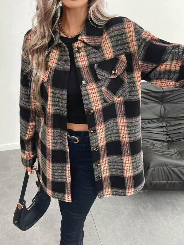 Ženska karirana pliš jakna, topla za jesen i zimu
