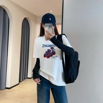 Женска oversize тениска с къс ръкав и кръгло деколте, бродерия с мотиви зеленчуци, домати и букви, ръчно рисувана.