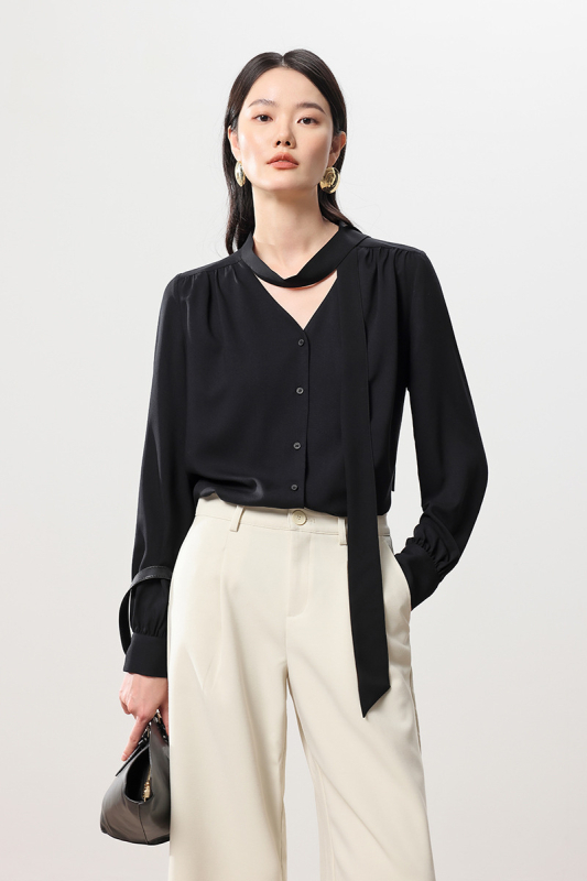 Ženska bluza s vezicom na ovratnik za uredski stil, meka, bez nabora, prozračna tekstura