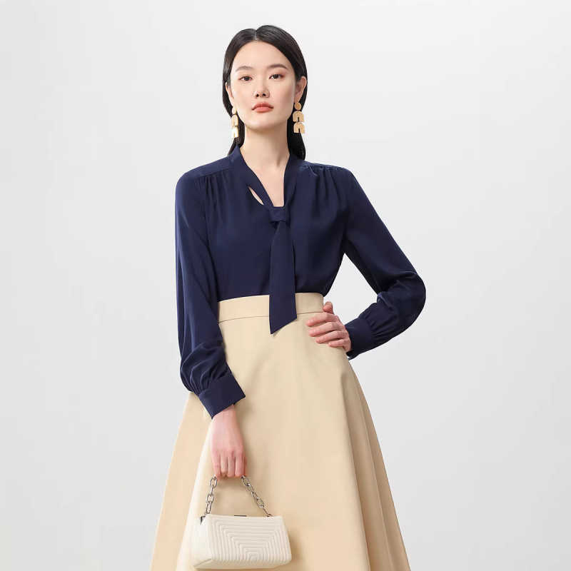 Ženska bluza s vezicom na ovratnik za uredski stil, meka, bez nabora, prozračna tekstura