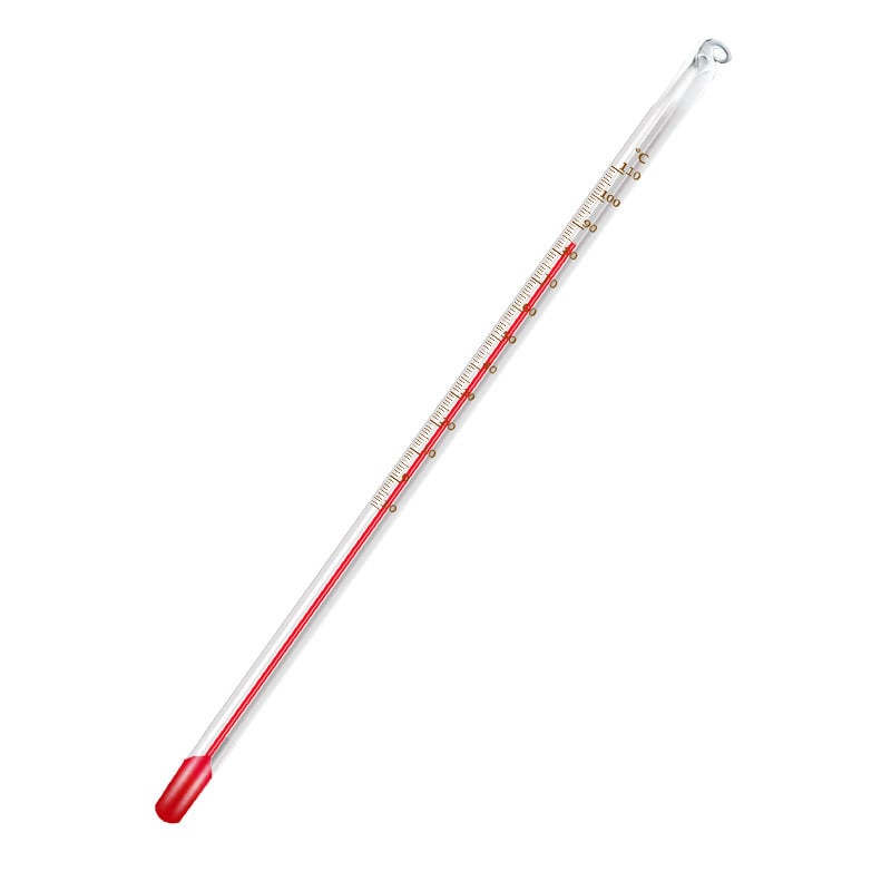 Sklenený teplomer s červenou tekutinou, rtutový teplomer, pre domáce aj priemyselné použitie, laboratórium a akvárium.