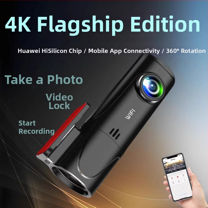 4K HD car DVR s WiFi, parkovacie monitorovanie, inštalácia na čelné sklo, bez obrazovky, 140° zorné pole
