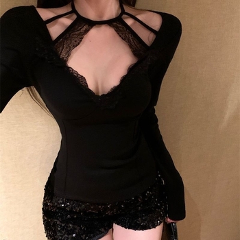 Ženski top s čipkom i halter izrezom u V, dugi rukav, jesen-zima, lagani osnovni top ili vanjska majica, elegantan stil