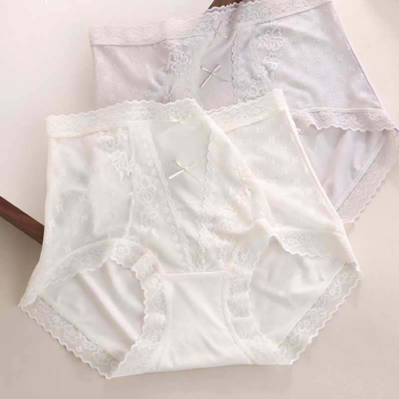 Ženske gaćice od 60S modal Bowknot s čipkom, visoki pojas, podstava od Mulberry svile, kontrola trbuha