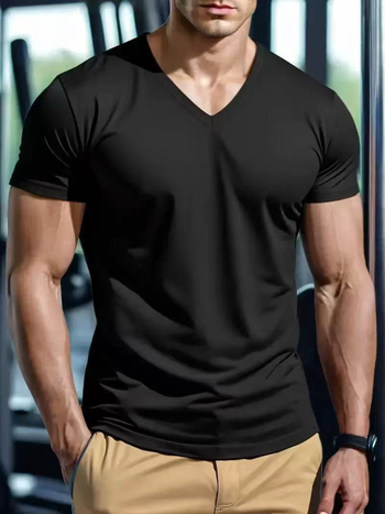 Férfi nyári V-nyakú rövid ujjú póló, slim fit, gyorsan száradó, lélegző, casual, egyszínű
