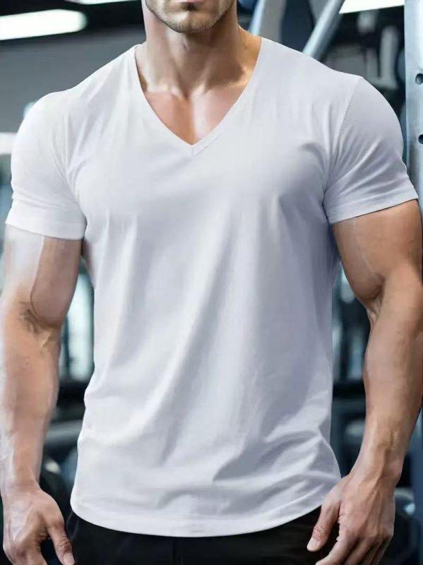 Férfi nyári V-nyakú rövid ujjú póló, slim fit, gyorsan száradó, lélegző, casual, egyszínű