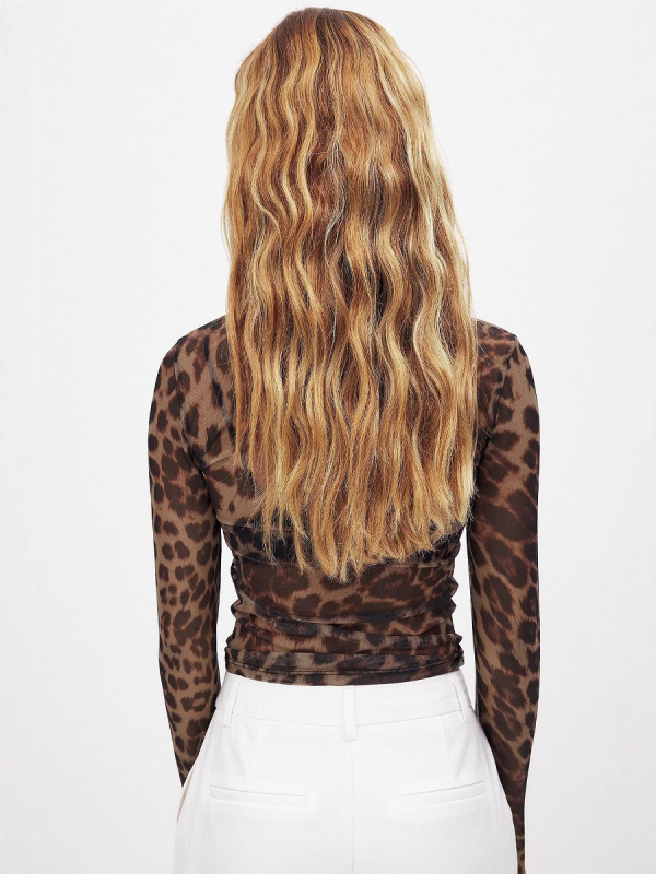S32279 Ženski mrežasti top s leopard printom, uski kroj, dugi rukavi, kružni izrez, kratka duljina, proljeće 2025
