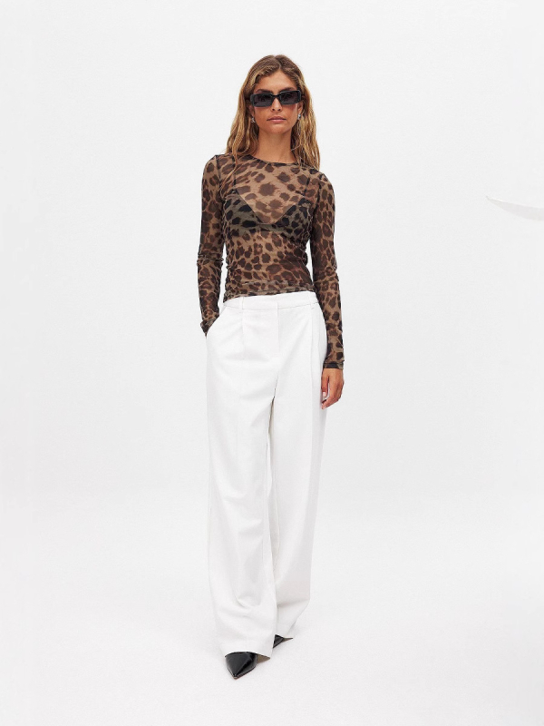 S32279 Ženski mrežasti top s leopard printom, uski kroj, dugi rukavi, kružni izrez, kratka duljina, proljeće 2025