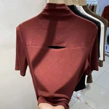 Ženski T-shirt s polu-visokim ovratnikom i prorezanim uzorkom, uski kroj, pamuk, 3/4 rukava