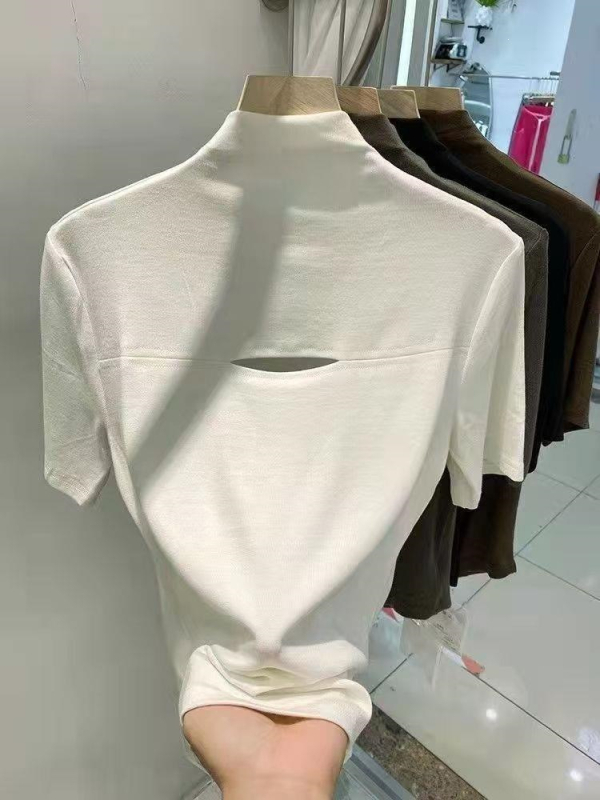 Ženski T-shirt s polu-visokim ovratnikom i prorezanim uzorkom, uski kroj, pamuk, 3/4 rukava