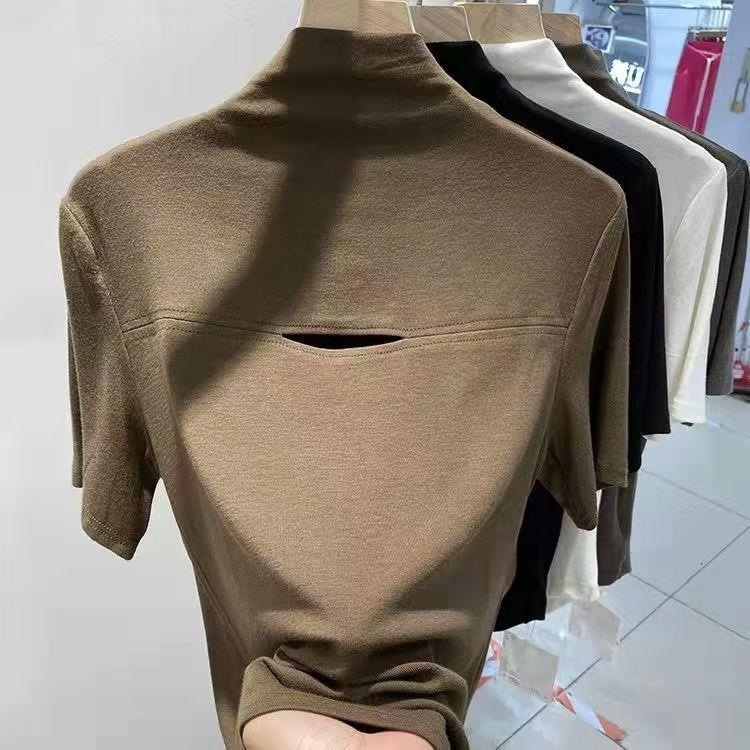 Ženski T-shirt s polu-visokim ovratnikom i prorezanim uzorkom, uski kroj, pamuk, 3/4 rukava