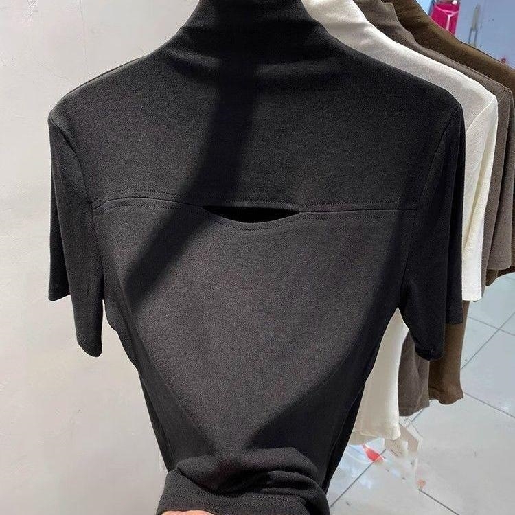 Ženski T-shirt s polu-visokim ovratnikom i prorezanim uzorkom, uski kroj, pamuk, 3/4 rukava