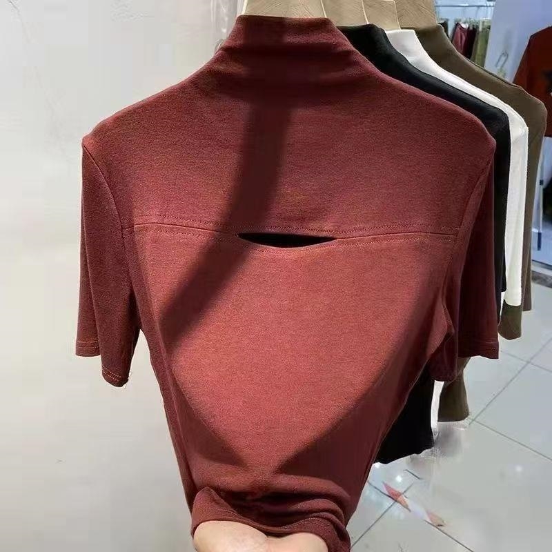 Ženski T-shirt s polu-visokim ovratnikom i prorezanim uzorkom, uski kroj, pamuk, 3/4 rukava