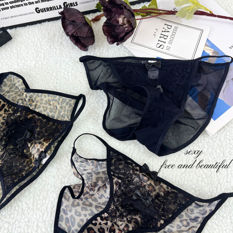 D1-K2536 Seksi žakard čipka s mašnicom, leopard uzorak, mrežaste ženske gaćice