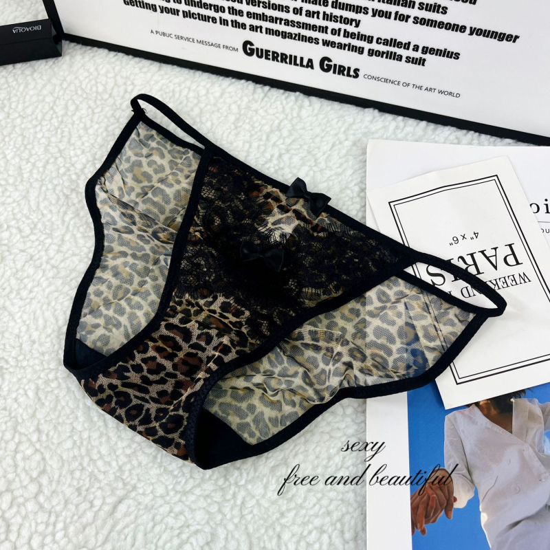 D1-K2536 Seksi žakard čipka s mašnicom, leopard uzorak, mrežaste ženske gaćice