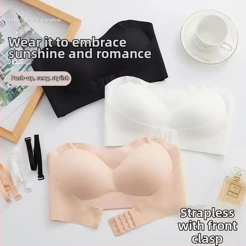 Sutien bez naramenica s prednjim zatvaranjem, bešivni, otporan na klizanje, bočno stezanje, wrap stil, bezšivne šavove, 3/4 košarica