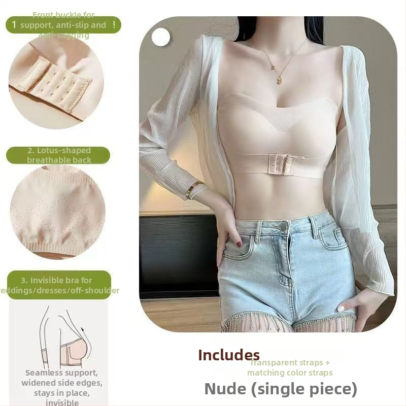 Sutien bez naramenica s prednjim zatvaranjem, bešivni, otporan na klizanje, bočno stezanje, wrap stil, bezšivne šavove, 3/4 košarica