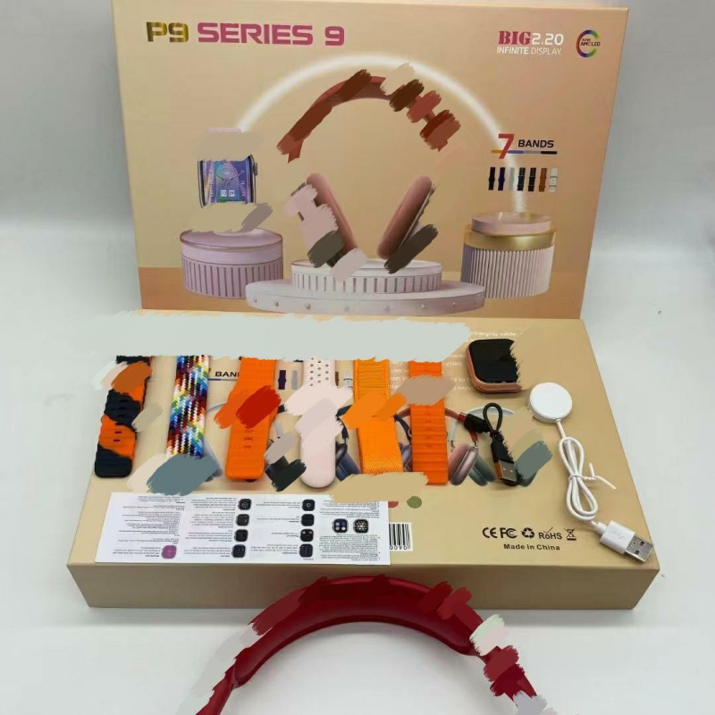 P9 pametni sat s funkcijom poziva, praćenjem otkucaja srca i krvnog tlaka, praćenjem sna, Bluetooth, brojanje koraka, podsjetnici, AMOLED 44 mm kvadratni zaslon, kućište od aluminijske legure, silikonni remen, bežično punjenje, uključene slušalice
