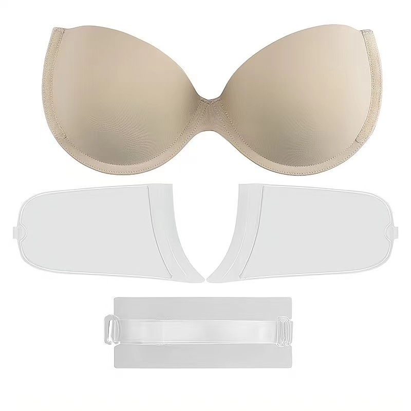 Sutien fără bretele, push-up, anti-alunecare, decolteu adânc în V, cupă 3/4, stil bandeau
