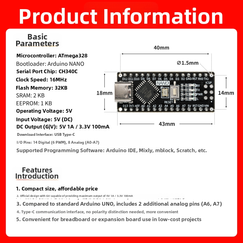Kompatibilné s Arduino Nano vývojovou doskou, vylepšená verzia ATmega328P mikrokontroléra, doska pre začínajúce programovanie