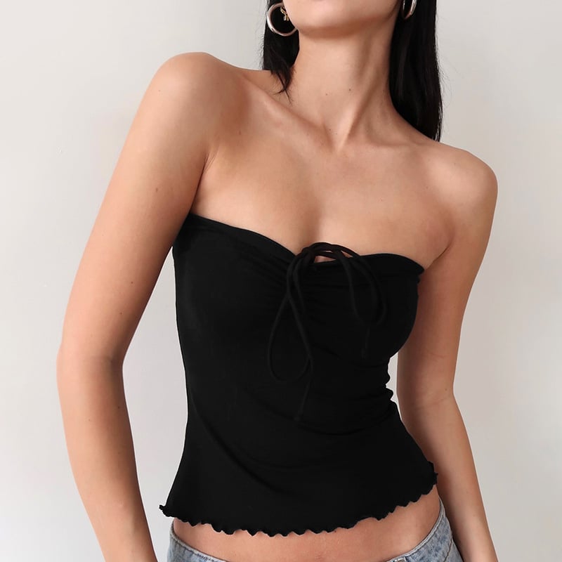 Y24TP237 Ženski ljetni halter top, plisiran, otvorenih leđa, volani, uski kroj