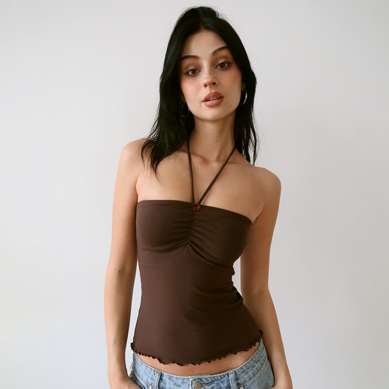 Y24TP237 Ženski ljetni halter top, plisiran, otvorenih leđa, volani, uski kroj