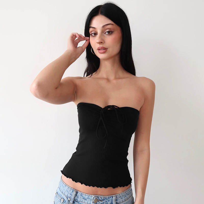 Y24TP237 Ženski ljetni halter top, plisiran, otvorenih leđa, volani, uski kroj