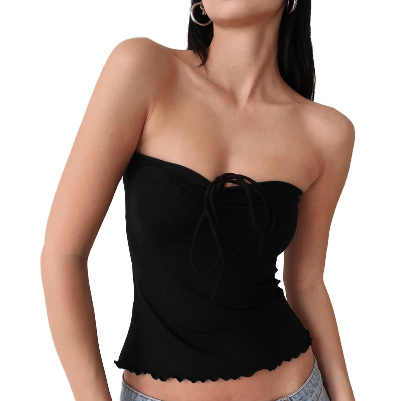 Y24TP237 Ženski ljetni halter top, plisiran, otvorenih leđa, volani, uski kroj