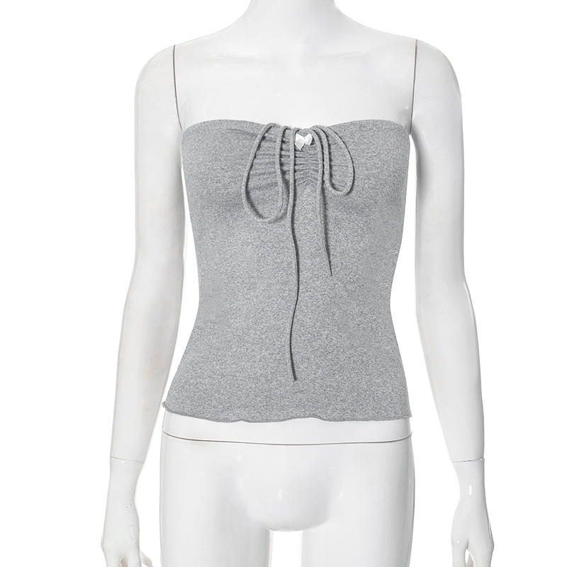 Y24TP237 Ženski ljetni halter top, plisiran, otvorenih leđa, volani, uski kroj