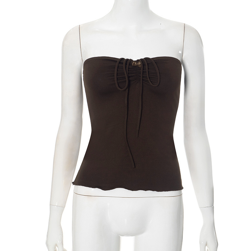 Y24TP237 Ženski ljetni halter top, plisiran, otvorenih leđa, volani, uski kroj