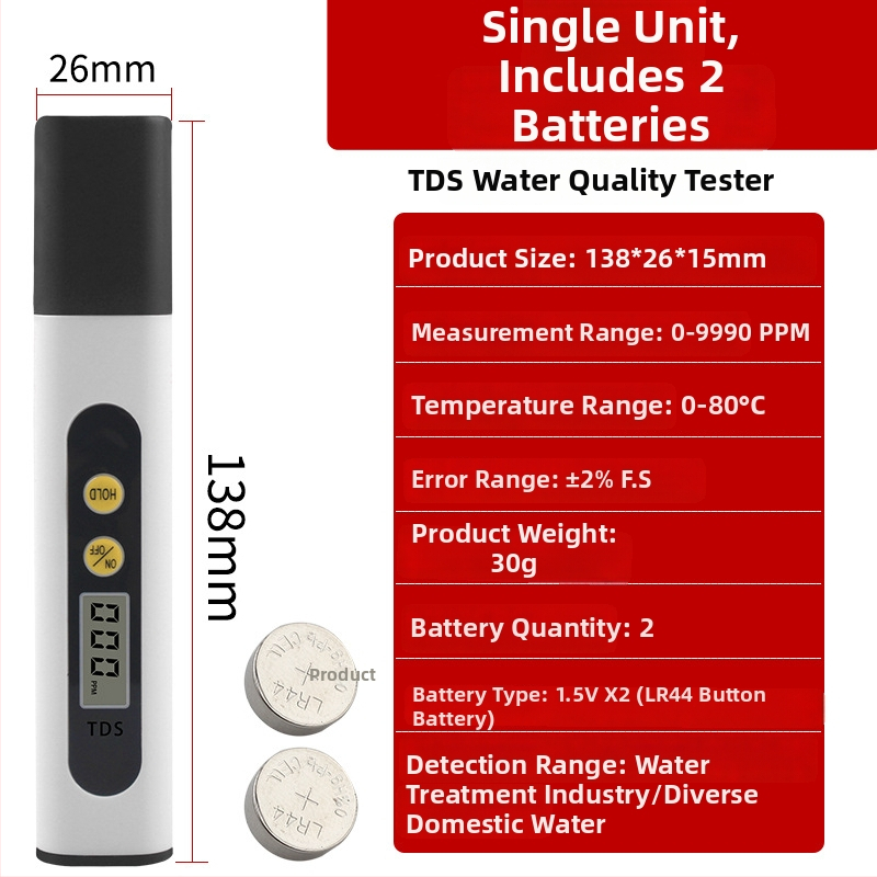 Domáci TDS tester na pitnú vodu – prenosné pero na meranie kvality vody (0–9990 ppm, 3V)
