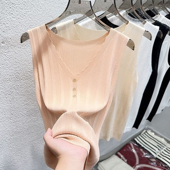 Női Ice Silk spagettipántos top nyárra, kötött, ujj nélküli felső – rétegzésre vagy külső ruhadarabként, francia stílusú trend