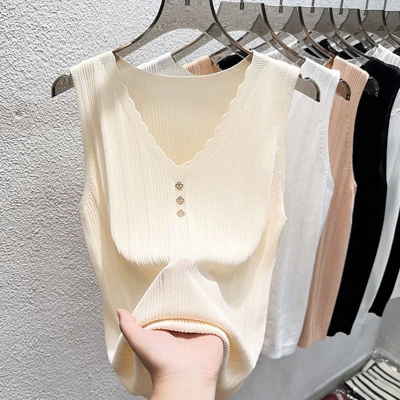 Női Ice Silk spagettipántos top nyárra, kötött, ujj nélküli felső – rétegzésre vagy külső ruhadarabként, francia stílusú trend