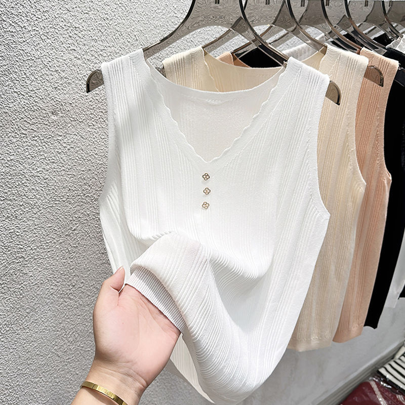 Női Ice Silk spagettipántos top nyárra, kötött, ujj nélküli felső – rétegzésre vagy külső ruhadarabként, francia stílusú trend