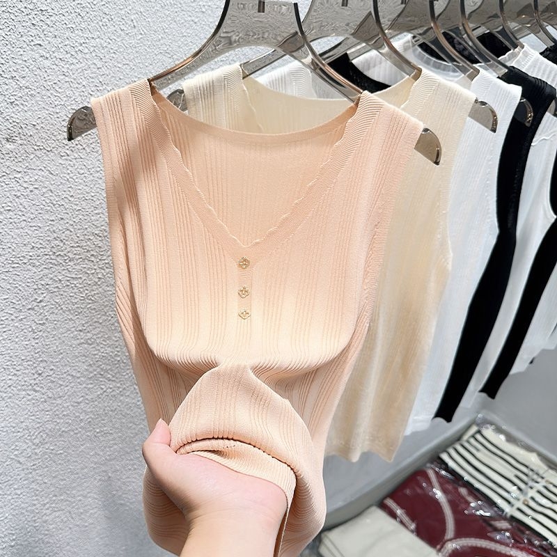 Női Ice Silk spagettipántos top nyárra, kötött, ujj nélküli felső – rétegzésre vagy külső ruhadarabként, francia stílusú trend