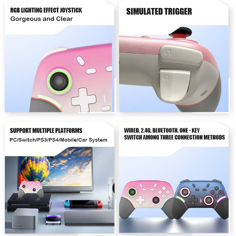 Switch 2 безжичен геймпад за PC с RGB светлинна лента, задни бутони и вибрация; съвместим с Nintendo Switch, Android и iOS