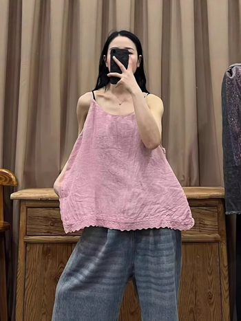 Női len csipkés top, nyári stílus, irodalmi retro, bő szabás, sokoldalú, elegáns, ujjatlan