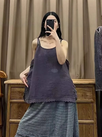 Női len csipkés top, nyári stílus, irodalmi retro, bő szabás, sokoldalú, elegáns, ujjatlan