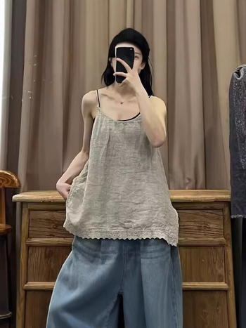 Női len csipkés top, nyári stílus, irodalmi retro, bő szabás, sokoldalú, elegáns, ujjatlan