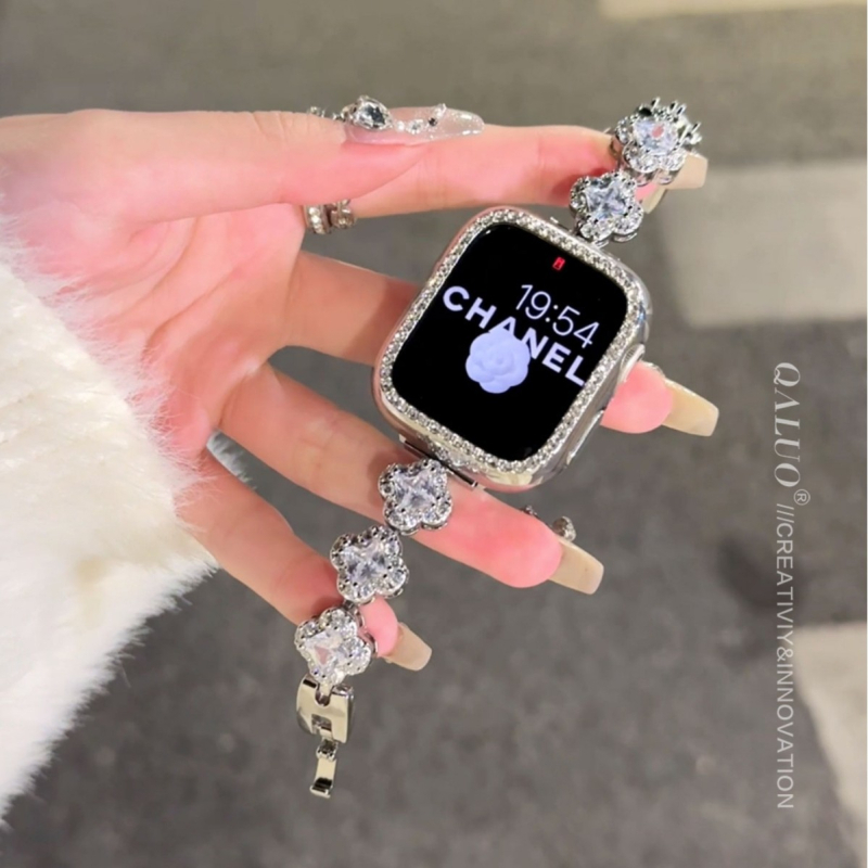 Metalni kaiš za Apple Watch s dijamantima i ukrasima u obliku četverolistne djeteline, kompatibilan s S9/S10