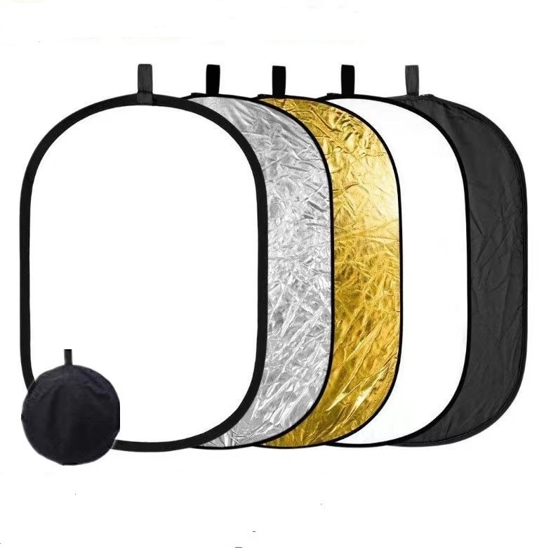 Öt-in-egy összecsukható reflektor fotózáshoz, méretek 60/80/110 cm, arany, ezüst, fehér, fekete, lágy fény diffúziós panellel.